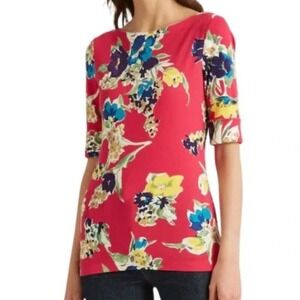 Lauren Ralph Lauren Judy Black Label Large Pink Floral‎ Boat Neck Top